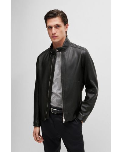 BOSS Regular-fit Jacket In Grained Leather - Gray