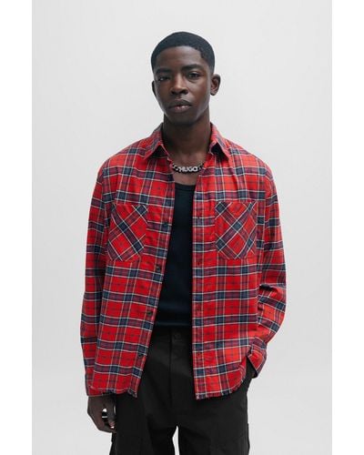 HUGO Oversized-fit Shirt In Checked Stretch Cotton - Red