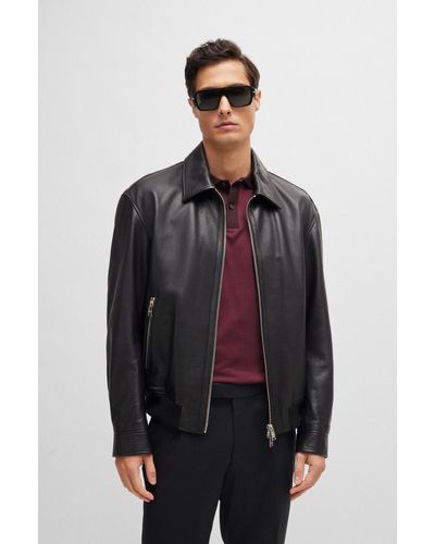 BOSS Regular-fit Jacket In Soft Leather With Stand Collar - Black