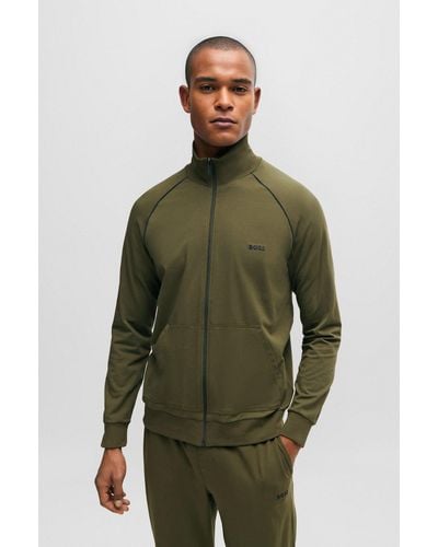 BOSS Logo-embroidered Zip-up Jacket In Stretch-cotton Jersey - Green