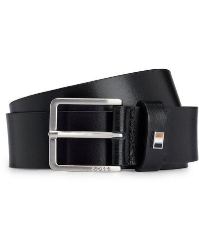 BOSS by HUGO BOSS Italian-leather Belt With Signature-stripe Hardware - Black