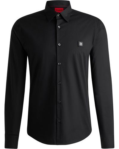 HUGO Slim-fit Overhemd Van Stretchkatoen Met Tweedelig Logo - Zwart
