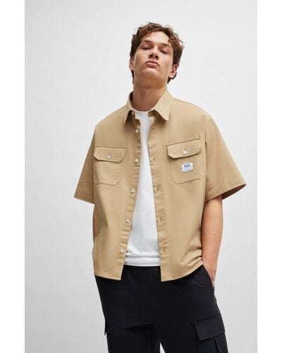 HUGO Loose-fit Shirt In Cotton Twill With Logo Patch - Natural
