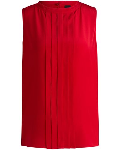 BOSS Pleat-front Sleeveless Blouse In Washed Silk - Red