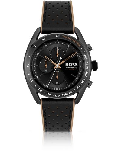 BOSS Montre chronographe en acier plaqué de couleur noire avec un bracelet en cuir perforé