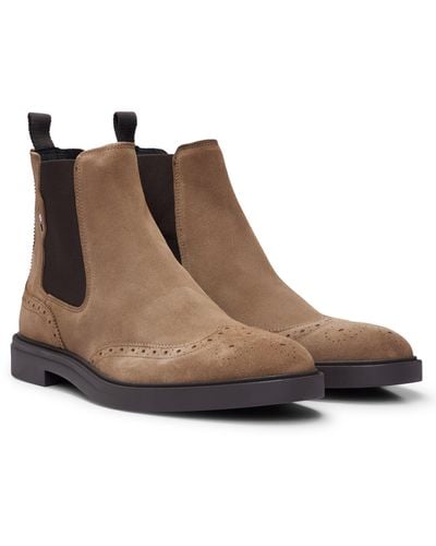 BOSS Suede Chelsea Boots With Brogue Details - Brown
