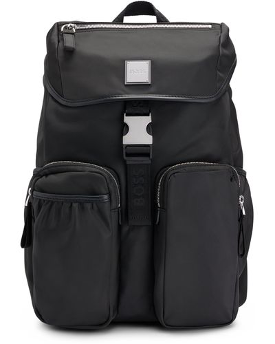 BOSS Flap-closure Backpack In Recycled Fabric With Logo Patch - Black