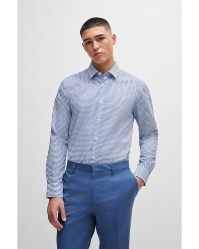 HUGO Extra-slim-fit Shirt In Printed Cotton Poplin - Blue