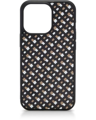 BOSS Leather-covered Iphone 13 Case With All-over Monograms - Black