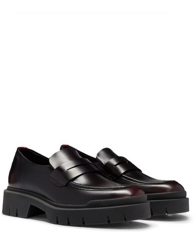 HUGO Leather Loafers With Chunky Sole And Embossed Logo - Black