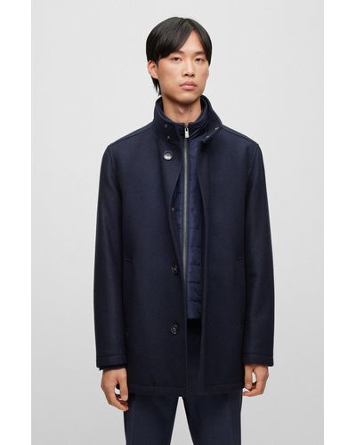 BOSS Wool-blend Coat With Zip-up Padded Inner - Blue