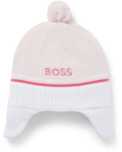 BOSS Baby Hat In Knitted Cotton With Logo And Pompom - White