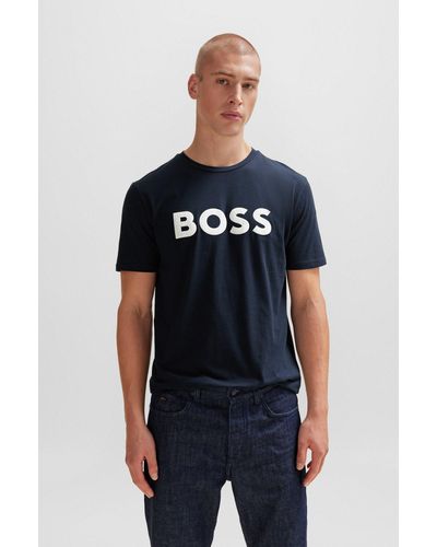 BOSS Camiseta de punto de algodón con logo estampado de goma - Azul