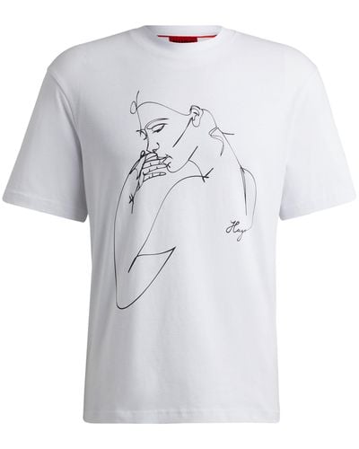HUGO Relaxed-fit T-shirt Van Katoenen Jersey Met Print Van Een Gezicht - Wit