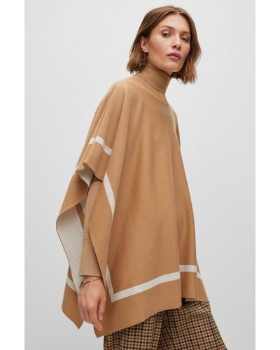 BOSS Virgin-wool Roll-neck Poncho With Logo Trim - Brown
