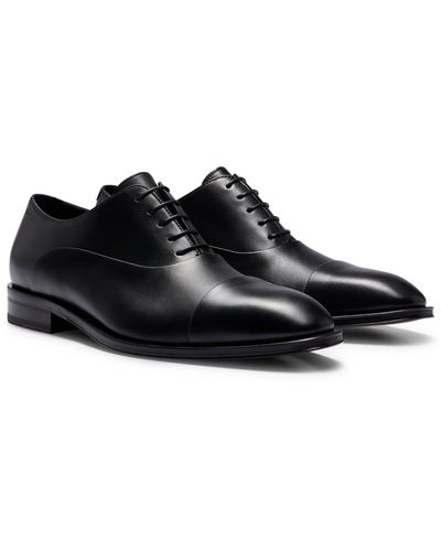 BOSS Italian-made Leather Oxford Shoes With Branding - Black