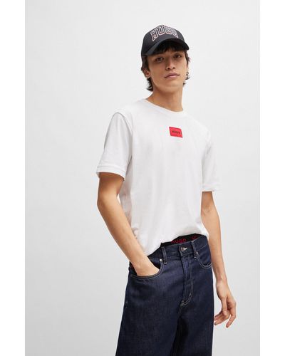 HUGO Camiseta en punto de algodón con etiqueta con logo - Blanco