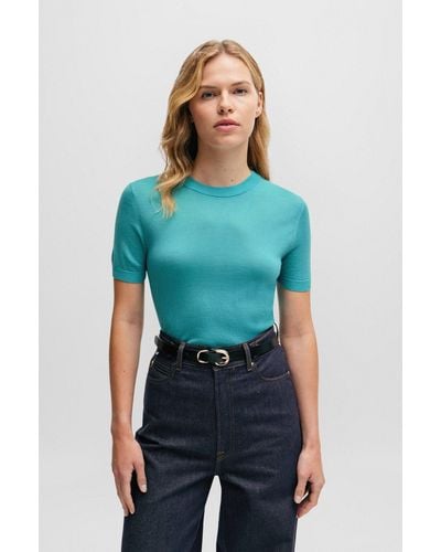 BOSS Short-sleeved Sweater In Merino Wool - Blue