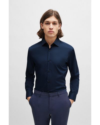 HUGO Camisa slim fit en popelín de algodón de planchado fácil - Azul
