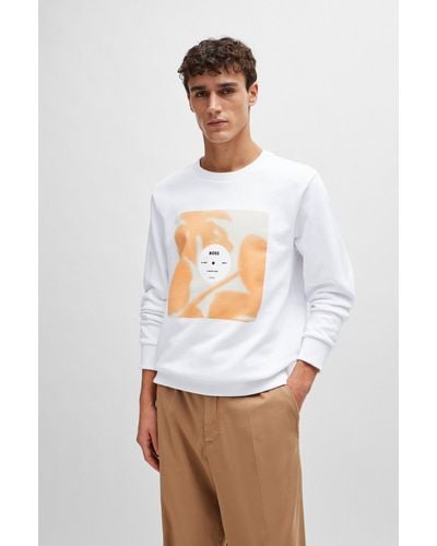 BOSS Cotton-terry Relaxed-fit Sweatshirt With Seasonal Artwork - White