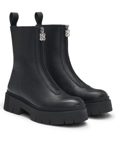 HUGO Ankle Boots In Tumbled Leather With Front Zip - Black