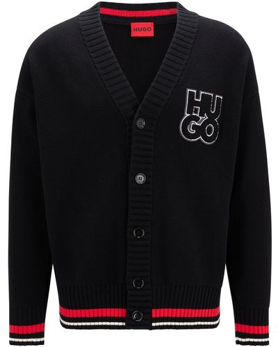 HUGO Oversized-fit Cardigan In Organic Cotton With Stacked Logo - Black