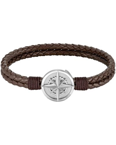 BOSS Braided Brown Leather Cuff With Silver-tone Compass Plate