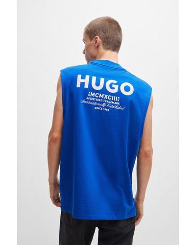 HUGO Cotton-jersey Sleeveless T-shirt With Logo Prints - Blue