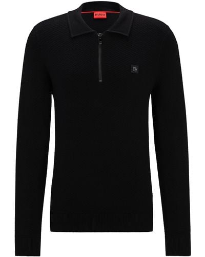 HUGO Zip-neck Polo Jumper With Stacked Logo - Black