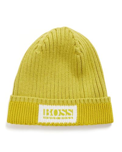 BOSS Bonnet à logo en coton et laine - Jaune