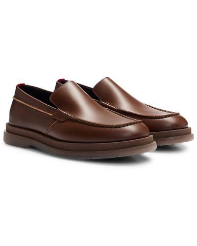 HUGO Leather Loafers With Translucent Rubber Sole - Brown