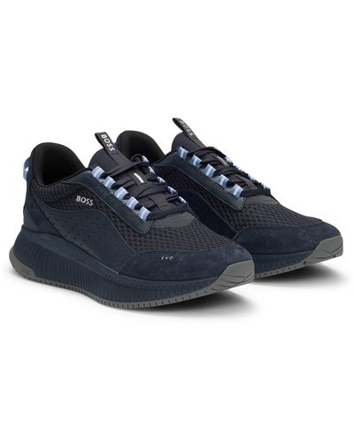 BOSS Ttnm Evo Suede, Leather And Mesh Trainers With Ribbed Sole - Blue