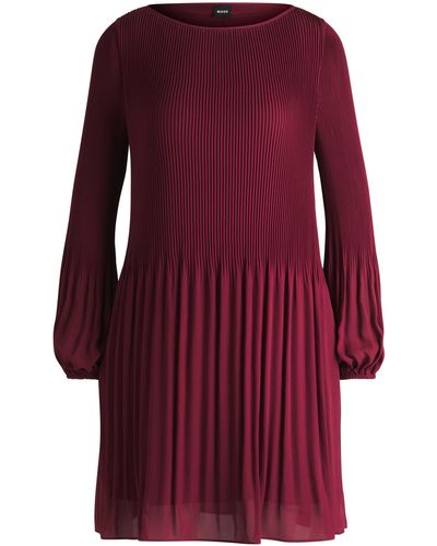 BOSS Regular-fit Dress With Plissé Pleats And Crew Neckline - Red