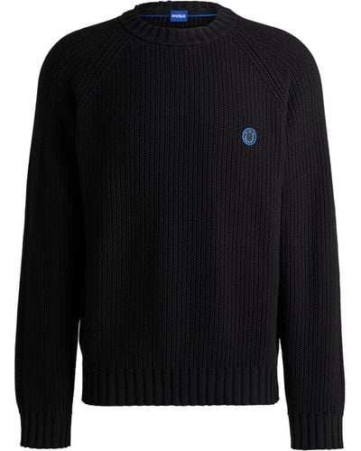 HUGO Gerippter Pullover aus Baumwolle mit Logo-Aufnäher - Schwarz
