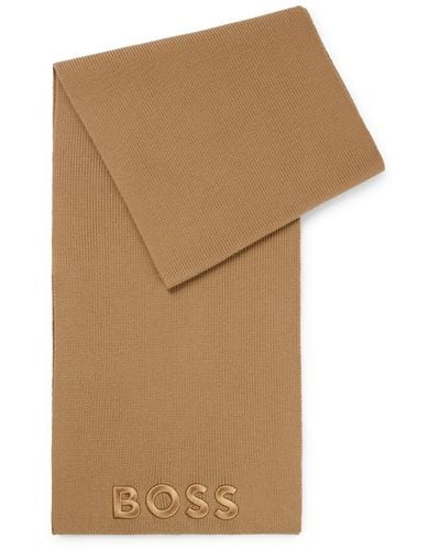BOSS by HUGO BOSS Ribbed Scarf In Virgin Wool With Tonal Embroidered Logo - Brown