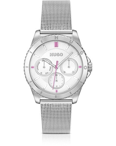 HUGO Mesh-bracelet Watch In Silver-tone Steel With Branding - White