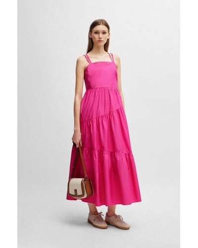 BOSS Maxi Dress In Cotton Poplin With Crossover Straps - Pink