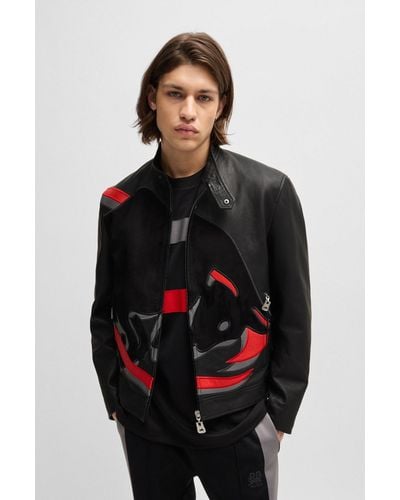 HUGO X Rb Slim-fit Leather Jacket With Signature Bull Motif - Black