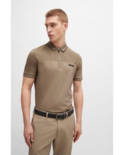 BOSS Zip-neck Slim-fit Polo Shirt With Mesh Details - Natural