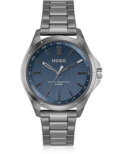 HUGO Uhr aus grau beschichtetem Edelstahl mit blauem Zifferblatt
