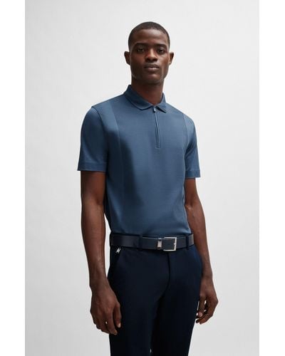 BOSS Zip-neck Polo Shirt In Stretch Cotton - Blue