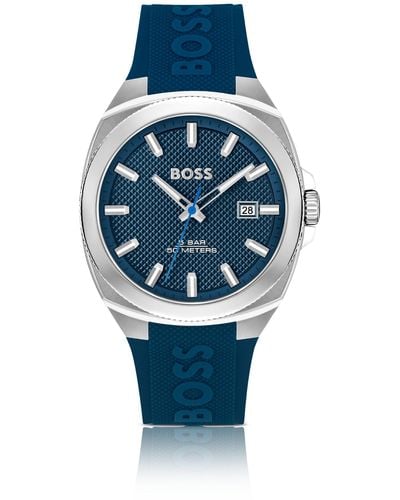 BOSS Silicone-logo-strap Watch With Blue Guilloché Dial