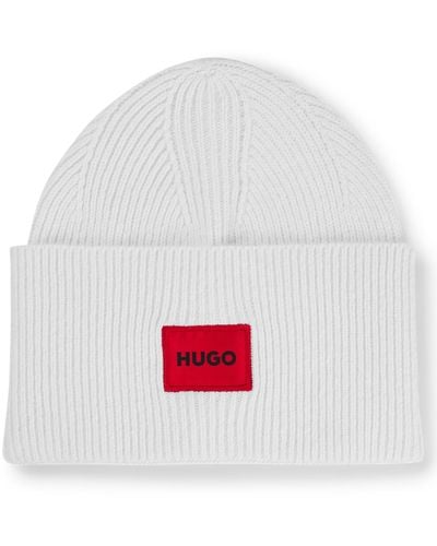 HUGO Ribbed Beanie Hat With Red Logo Label - White