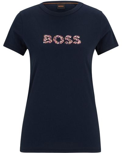 BOSS T-shirt Met Ronde Hals En Logo-artwork Van Katoenen Jersey - Blauw