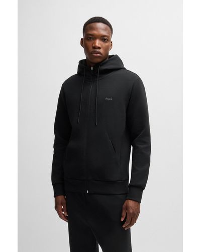 BOSS Stretch-cotton Zip-up Hoodie With Logo Print - Black