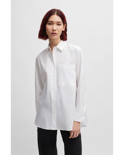 HUGO Oversized-fit Blouse In Cotton Canvas With Point Collar - White