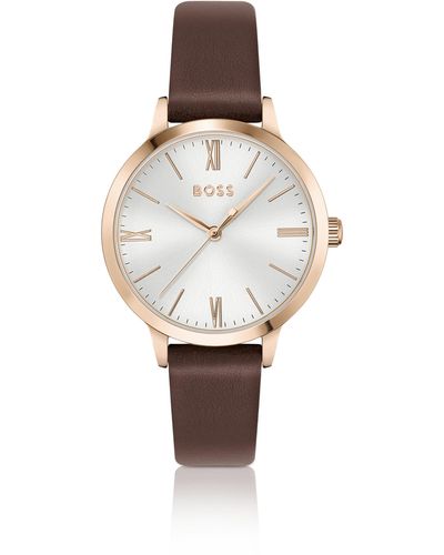 BOSS Leather-strap Watch With Silver-white Dial Women's Watches