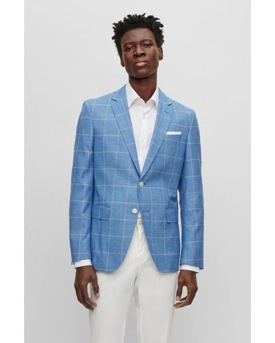 BOSS Slim-fit Jacket In Checked Cloth With Partial Lining - Blue