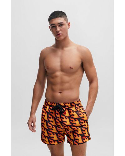 HUGO Swim Shorts With Flame Print And Logo - Orange
