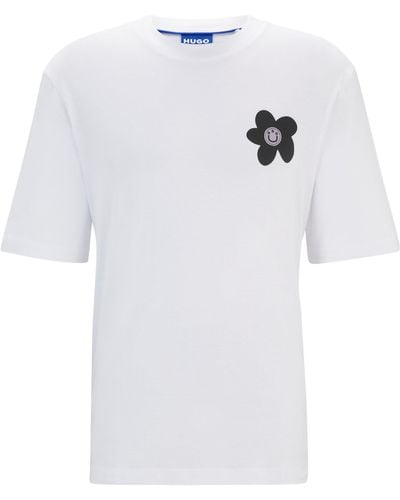 HUGO T-Shirt aus Baumwoll-Jersey mit Blumen-Logo-Artwork - Weiß